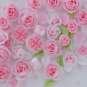 6-11mm Tiny Mix Pastel Pink Rose and Leaf Flower Kawaii Resin Nail Charm Decoden Cabochon - 25 piece set
