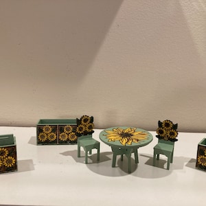 Adorable miniature sunflower table w/2 chairs and you can also purchase flower boxes or magazine rack to match for your dollhouse/diorama.