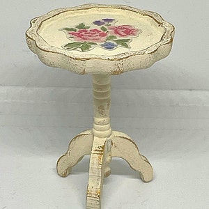 Handmade miniature dolls house furniture. Shabby chic style small table with rose decals