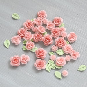 50 PCS Tiny Rose Flower and Leaf Resin Cabochons. mixed powder pink flower and leaf flatback cabochons. nail art decos jewelry craft supply