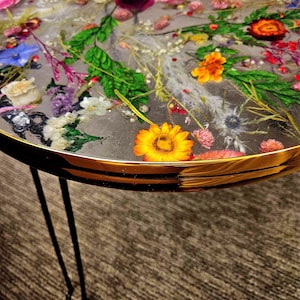 FLOWER RESIN TABLE Embellished with Garden Grown Flowers Dried in Resin End Table Coffee Table Gold or Black Leg Base